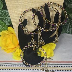 Gold-tone Zigzag Wire Frame Bangles W Multi-color Acrylic Bicone Beads & Tasdels